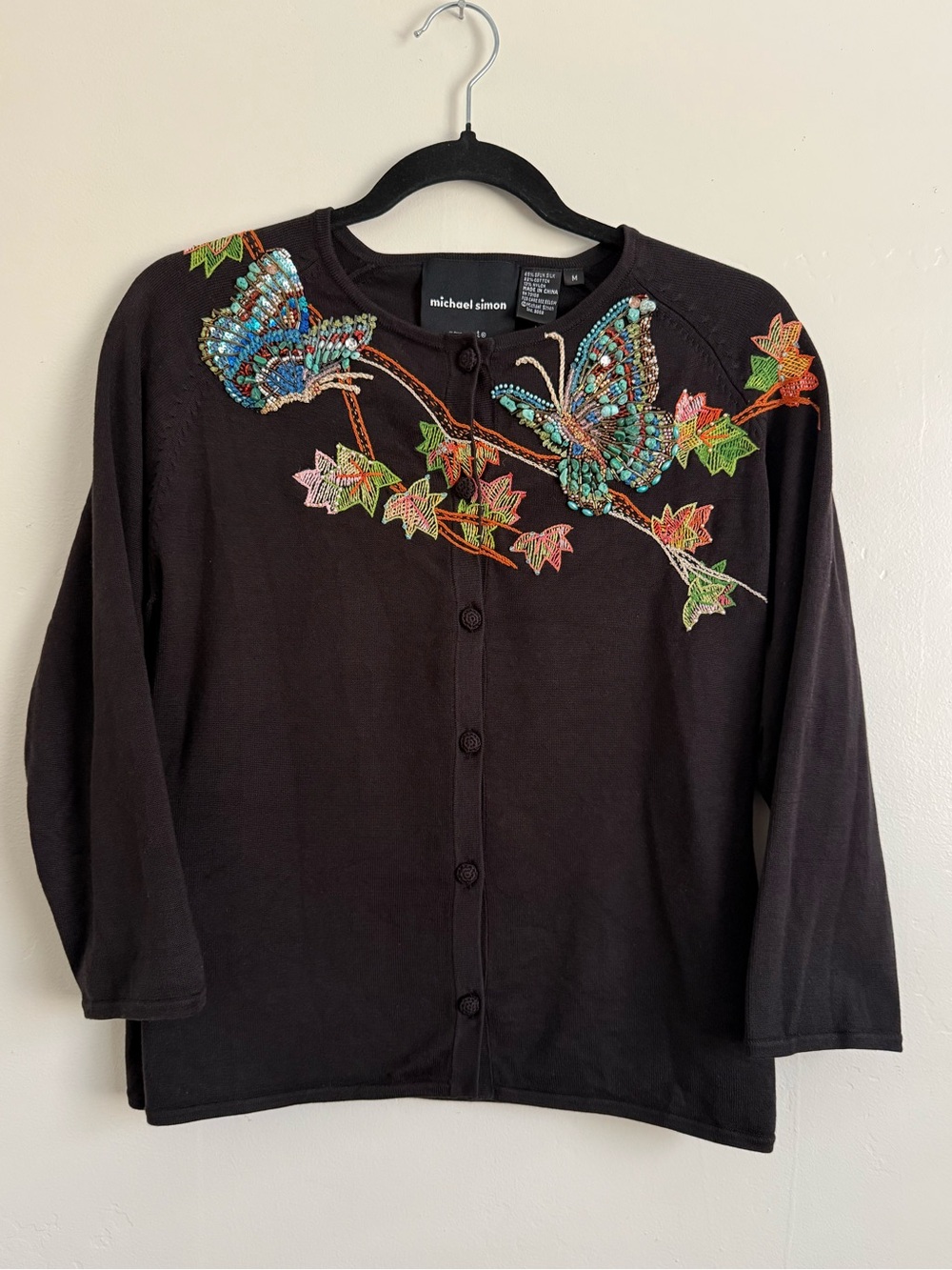 Vintage Michael Simon Black Cardigan w/ Multicolor Beaded Butterflies Size M - Picture 1 of 6